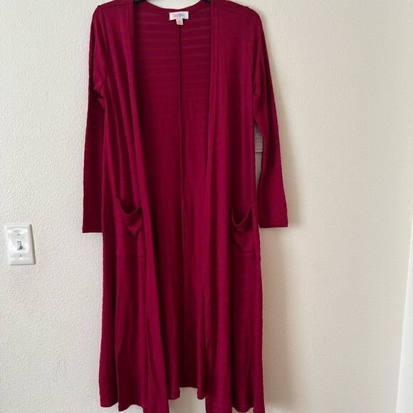 LuLaRoe Sarah Duster Cardigan Open Front Size XS Maroon Striped Pockets - Picture 1 of 9